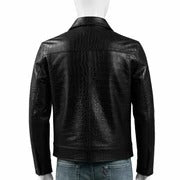 Mens Black Crocodile Embossed Genuine Leather Aviator Jacket