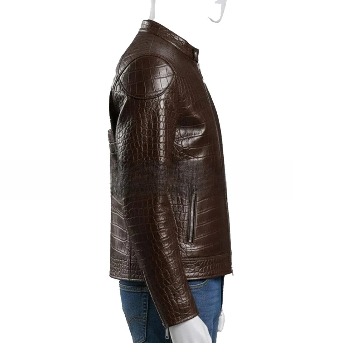 Embossed Genuine Leather Motorcycle Jacket Slim Fit Aviator Coat