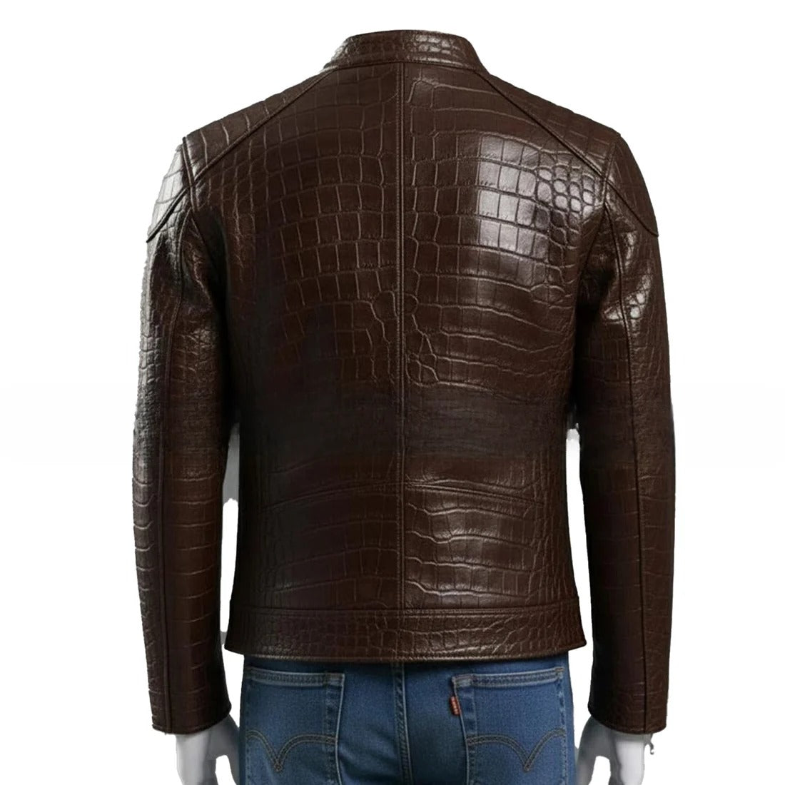 Embossed Genuine Leather Motorcycle Jacket Slim Fit Aviator Coat