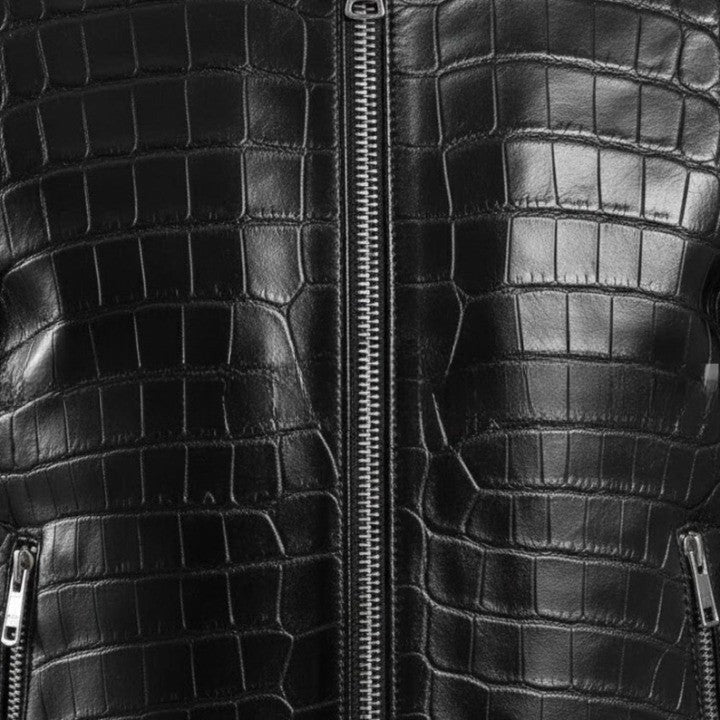 Mens Black Crocodile Embossed Leather Jacket Genuine Leather Biker Style Handmade Jackets