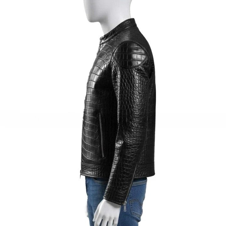 Mens Black Crocodile Embossed Leather Jacket Genuine Leather Biker Style Handmade Jackets