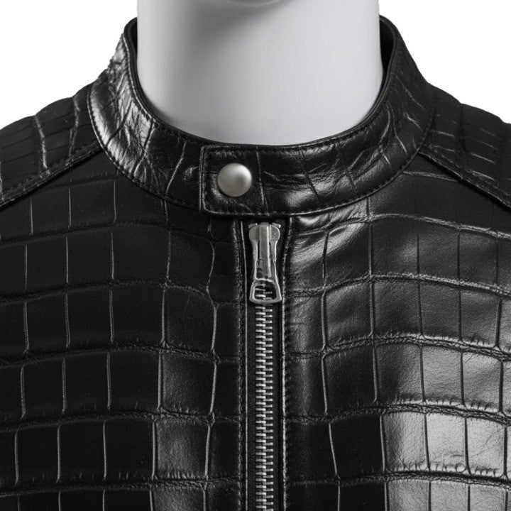 Mens Black Crocodile Embossed Leather Jacket Genuine Leather Biker Style Handmade Jackets