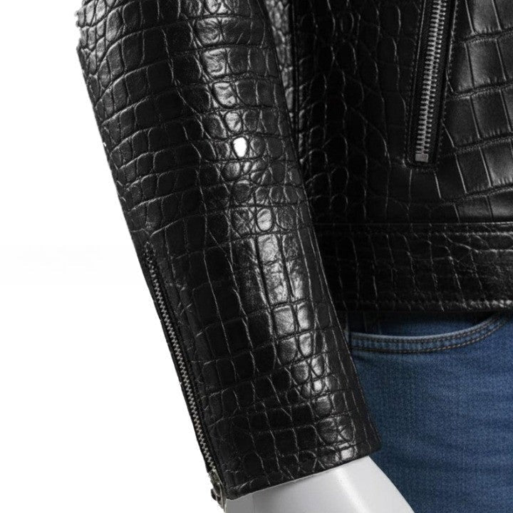 Mens Black Crocodile Embossed Leather Jacket Genuine Leather Biker Style Handmade Jackets