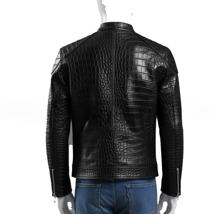 Mens Black Crocodile Embossed Leather Jacket Genuine Leather Biker Style Handmade Jackets