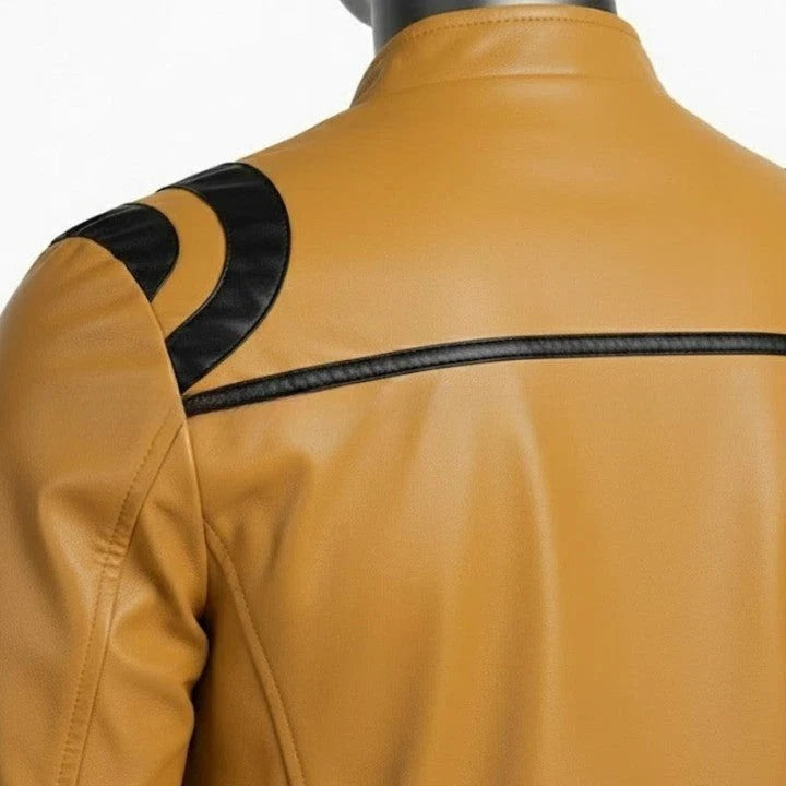 Mens Tan Genuine Leather Jacket High Neck Front Pockets