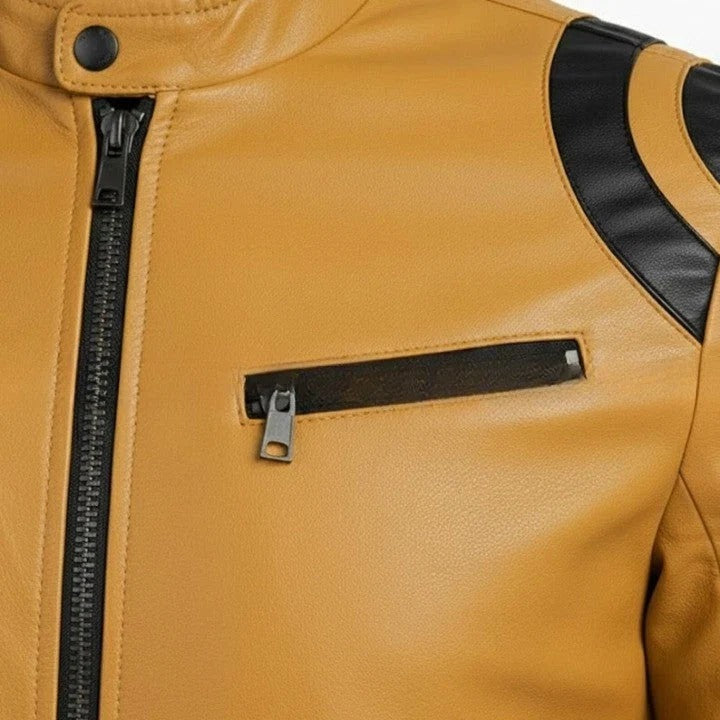 Mens Tan Genuine Leather Jacket High Neck Front Pockets