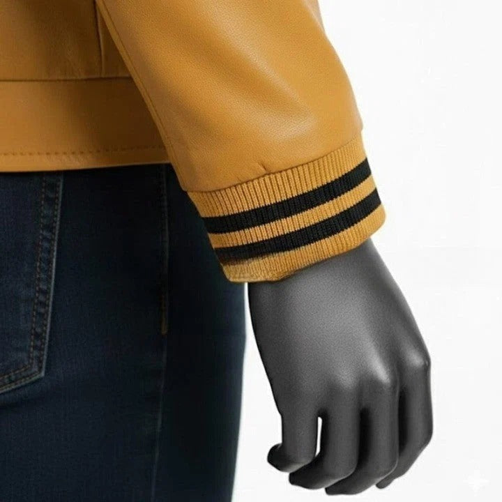 Mens Tan Genuine Leather Jacket High Neck Front Pockets