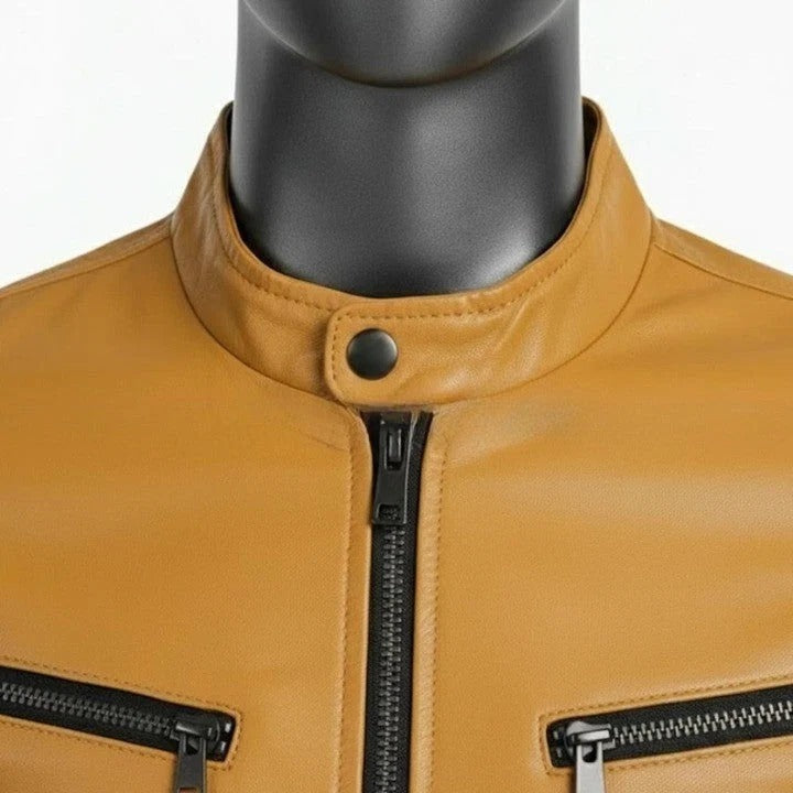 Mens Tan Genuine Leather Jacket High Neck Front Pockets