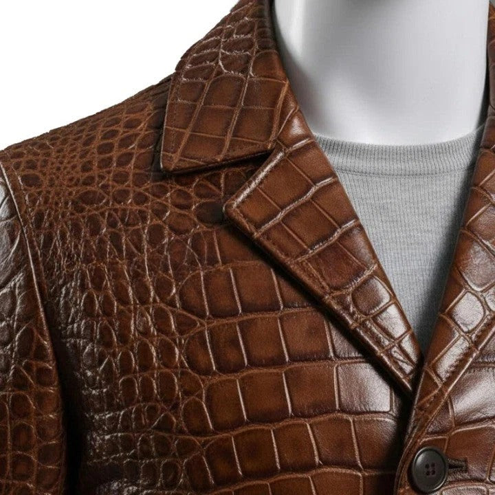 Mens Brown Croc Embossed Coat Genuine Leather Button Front Jacket Handmade Long Leather Outerwear