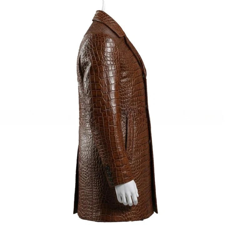 Mens Brown Croc Embossed Coat Genuine Leather Button Front Jacket Handmade Long Leather Outerwear