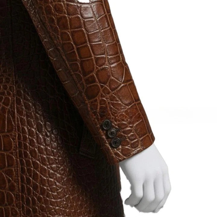 Mens Brown Croc Embossed Coat Genuine Leather Button Front Jacket Handmade Long Leather Outerwear