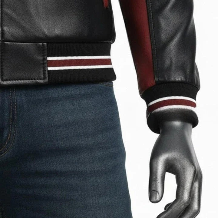 Mens Color Block Genuine Leather Jacket Maroon Mustard Panel Design
