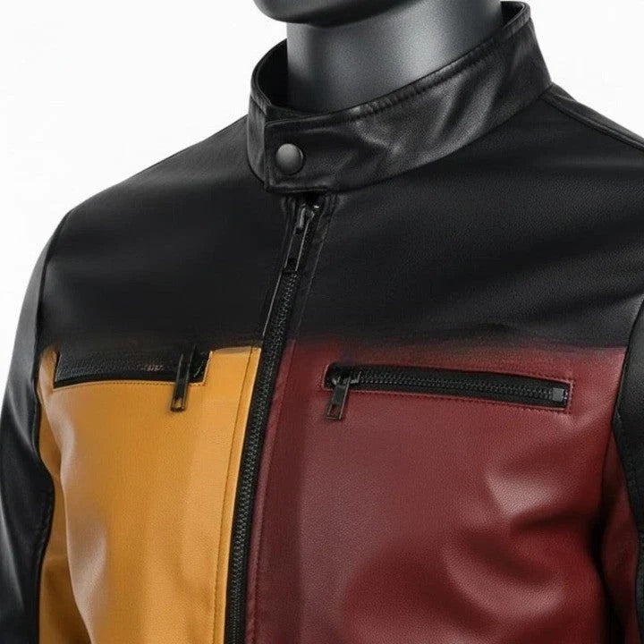 Mens Color Block Genuine Leather Jacket Maroon Mustard Panel Design