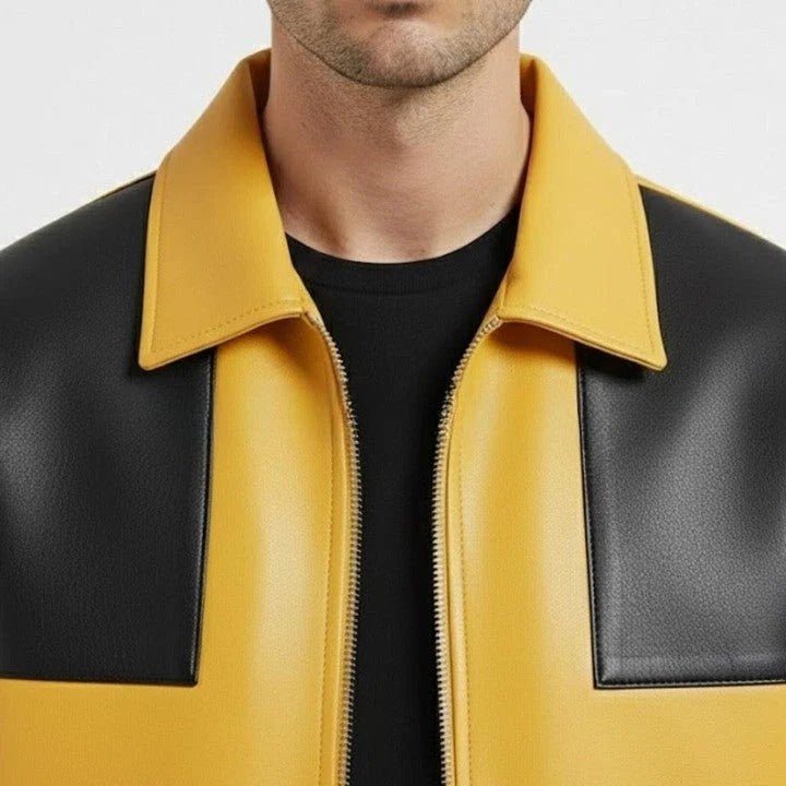 Men’s Yellow Black Contrast Leather Jacket – Urban Fashion Fit