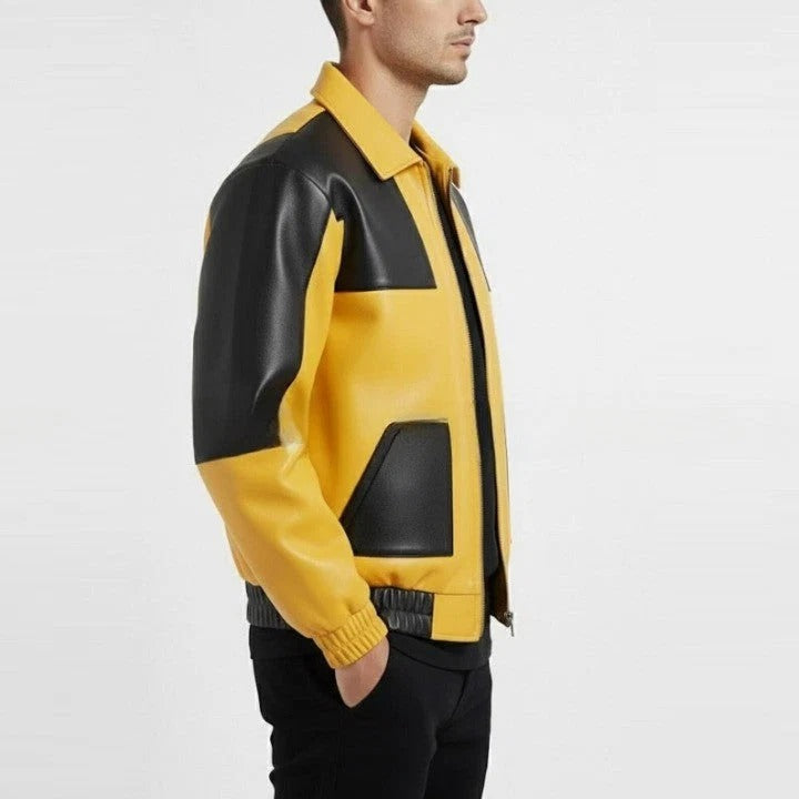 Men’s Yellow Black Contrast Leather Jacket – Urban Fashion Fit