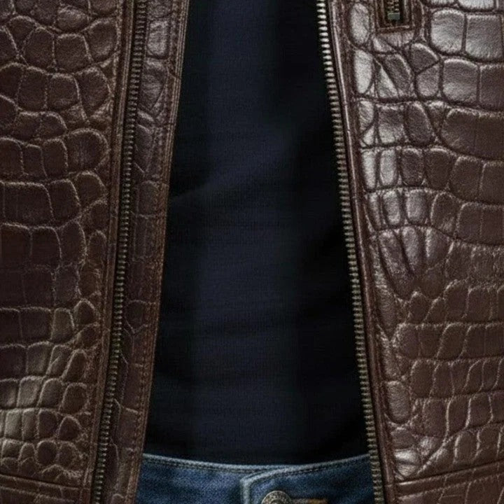Mens Croc Embossed Genuine Leather Jacket Slim Fit Stand Collar