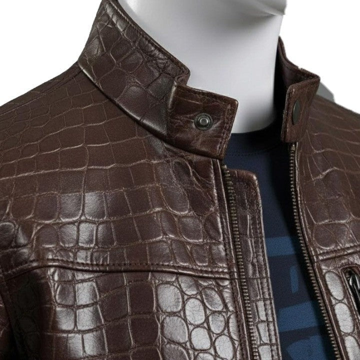 Mens Croc Embossed Genuine Leather Jacket Slim Fit Stand Collar