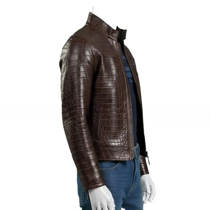 Mens Croc Embossed Genuine Leather Jacket Slim Fit Stand Collar