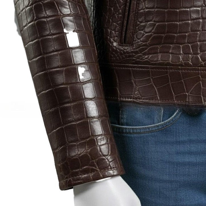 Mens Croc Embossed Genuine Leather Jacket Slim Fit Stand Collar
