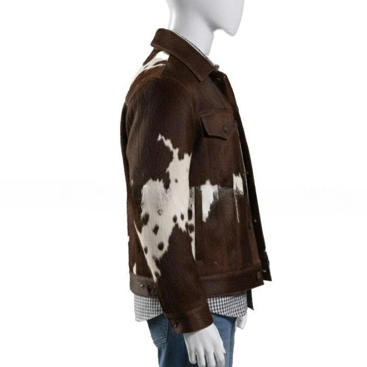 Mens Brown Patchwork Leather Jacket with Contrast Panels and Classic Button Closure