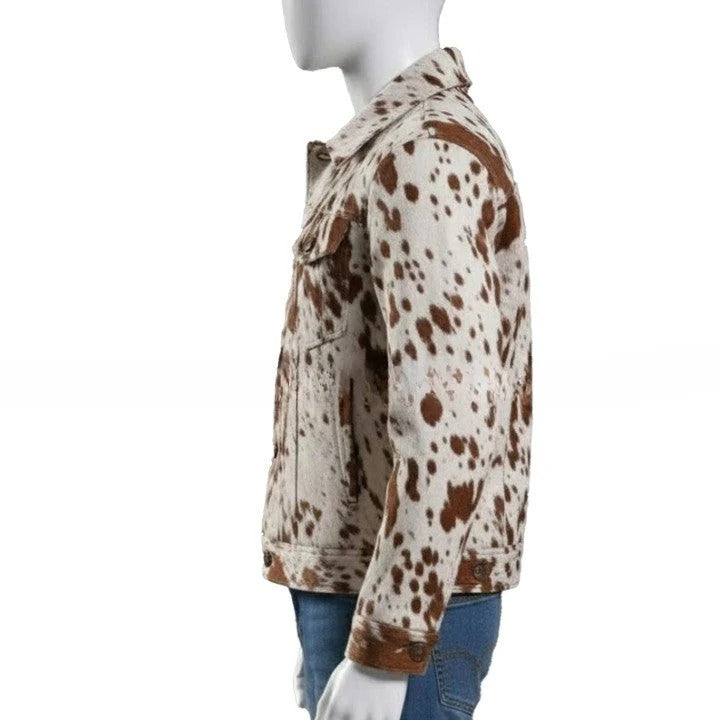 Mens Hair On Cowhide Leather Trucker Jacket Western Style