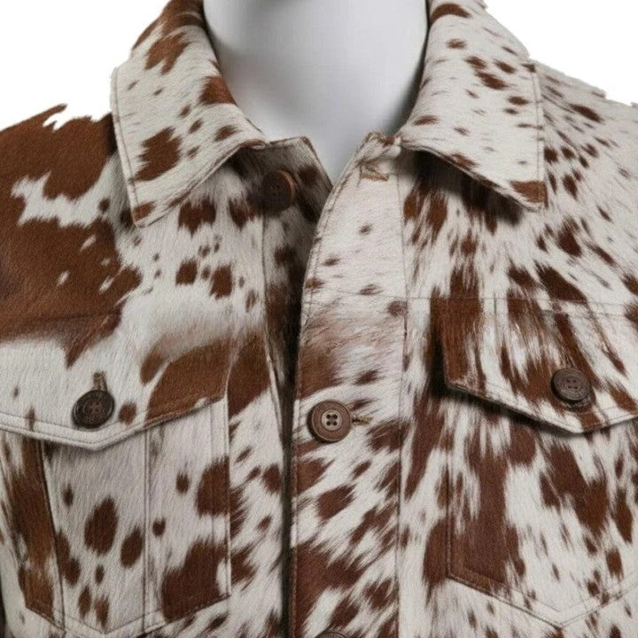 Mens Hair On Cowhide Leather Trucker Jacket Western Style