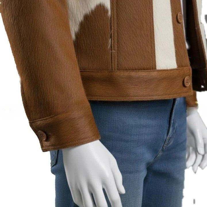 Mens Brown Cream Cowhide Style Leather Jacket Handmade Patchwork Western Jacket