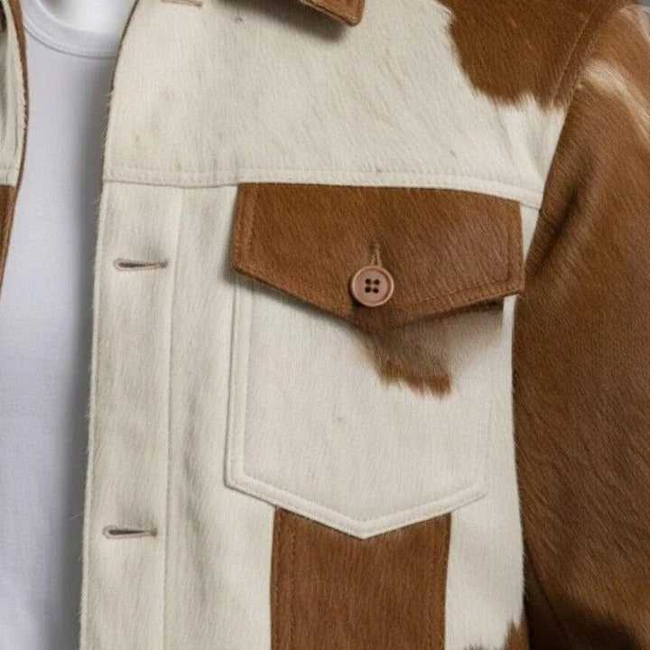 Mens Brown Cream Cowhide Style Leather Jacket Handmade Patchwork Western Jacket