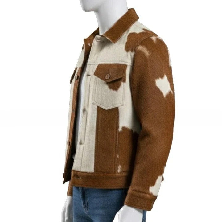 Mens Brown Cream Cowhide Style Leather Jacket Handmade Patchwork Western Jacket
