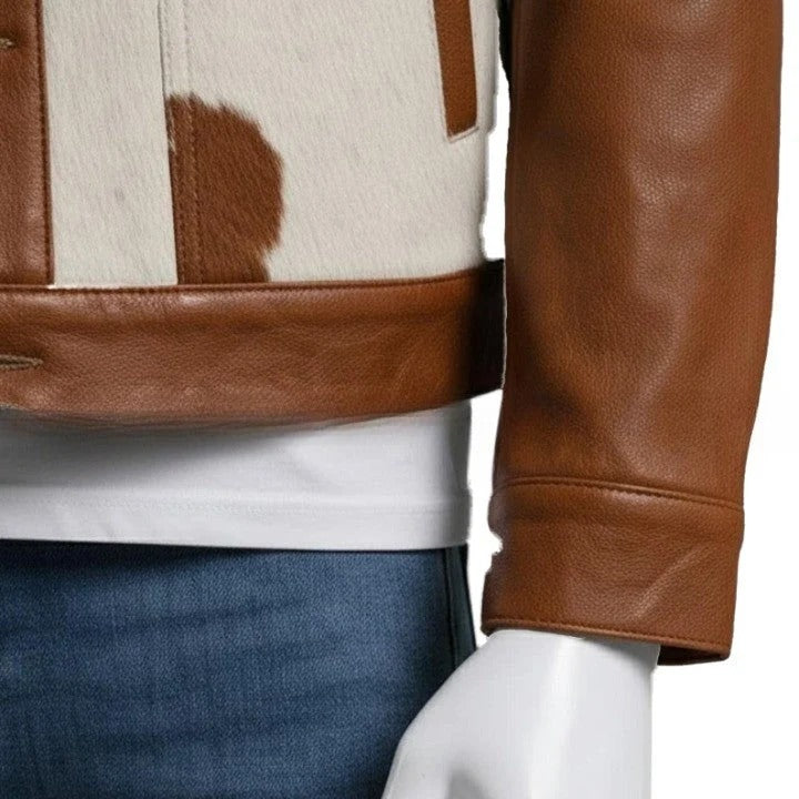 Mens Hair On Cowhide Leather Trucker Jackett Western Style