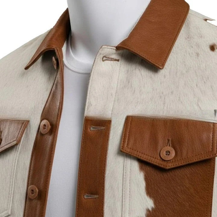 Mens Hair On Cowhide Leather Trucker Jackett Western Style