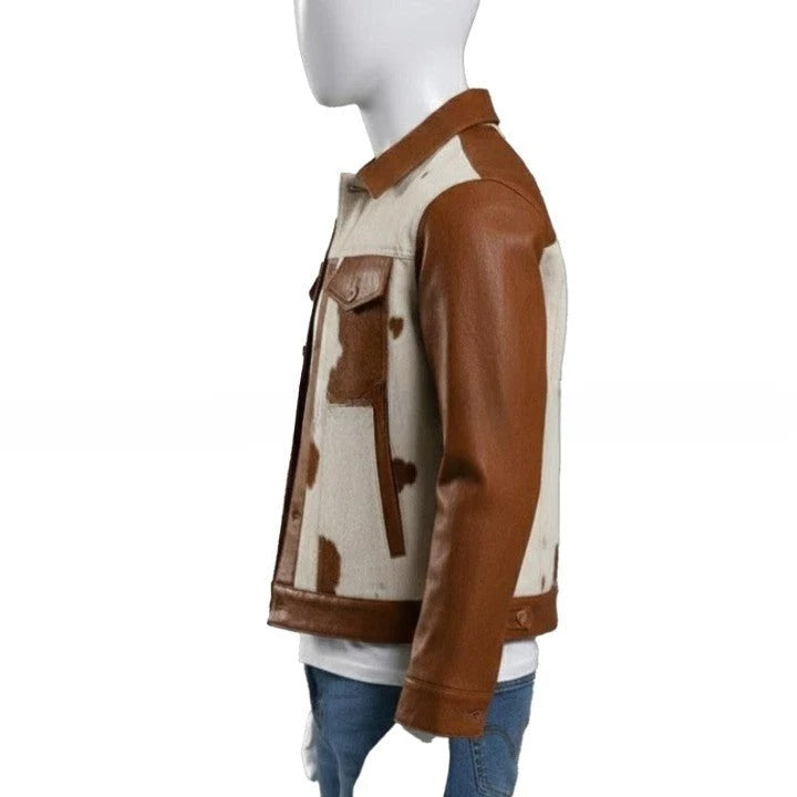 Mens Hair On Cowhide Leather Trucker Jackett Western Style
