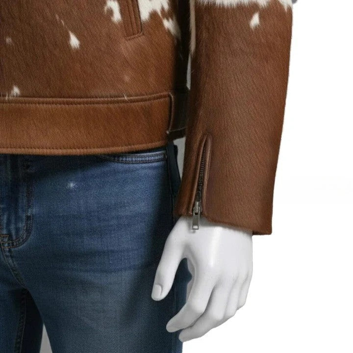 Mens Chestnut Brown Zip Leather Jacket with Speckled Contrast Panels Refined Casual Outerwear