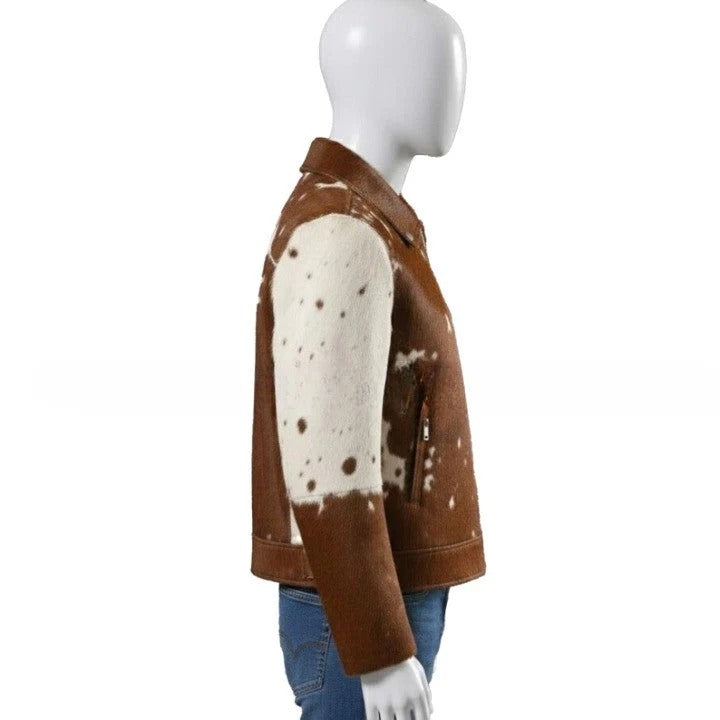 Mens Chestnut Brown Zip Leather Jacket with Speckled Contrast Panels Refined Casual Outerwear