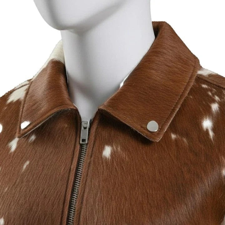 Mens Chestnut Brown Zip Leather Jacket with Speckled Contrast Panels Refined Casual Outerwear