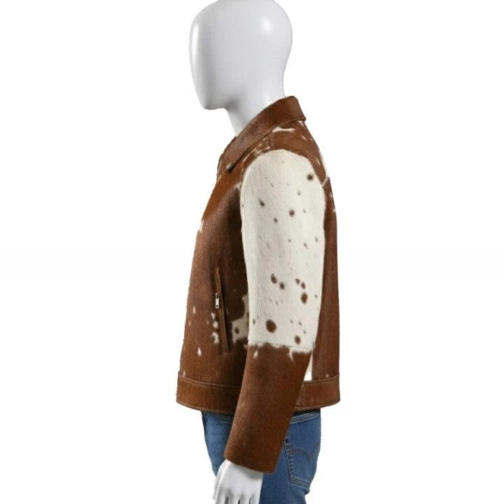 Mens Chestnut Brown Zip Leather Jacket with Speckled Contrast Panels Refined Casual Outerwear