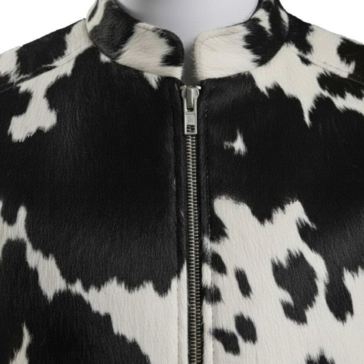 Mens Hair On Cowhide Leather Jacket Black White Trucker Style