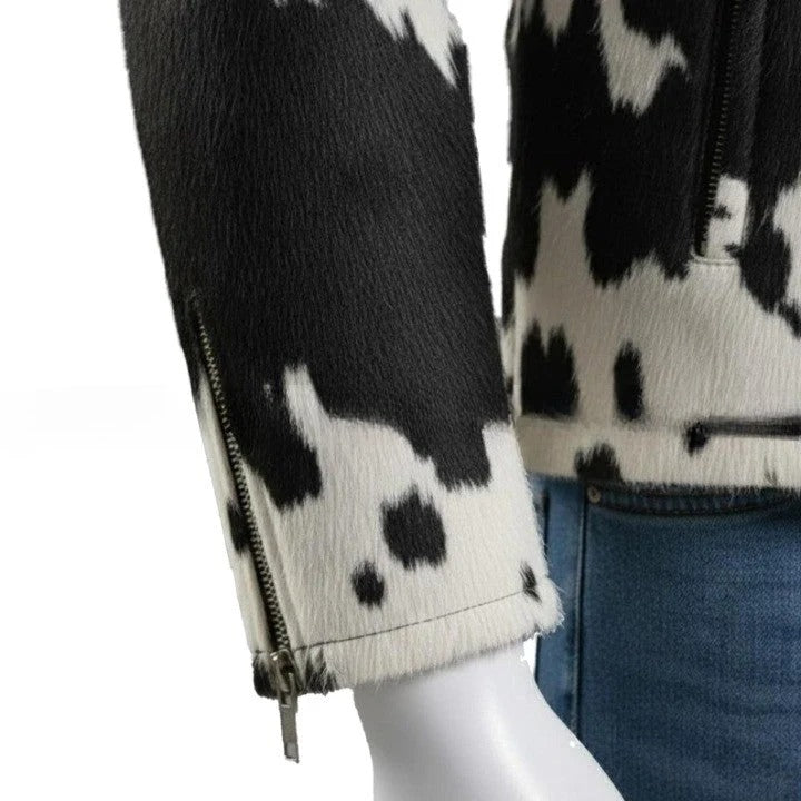 Mens Hair On Cowhide Leather Jacket Black White Trucker Style