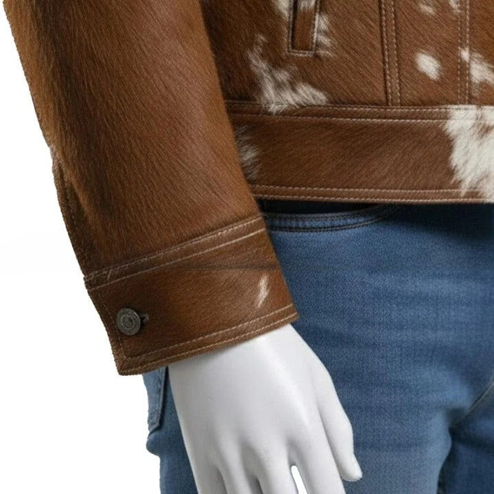 Mens Brown Cream Cowhide Style Leather Jacket Handmade Pathwork Western Jacket