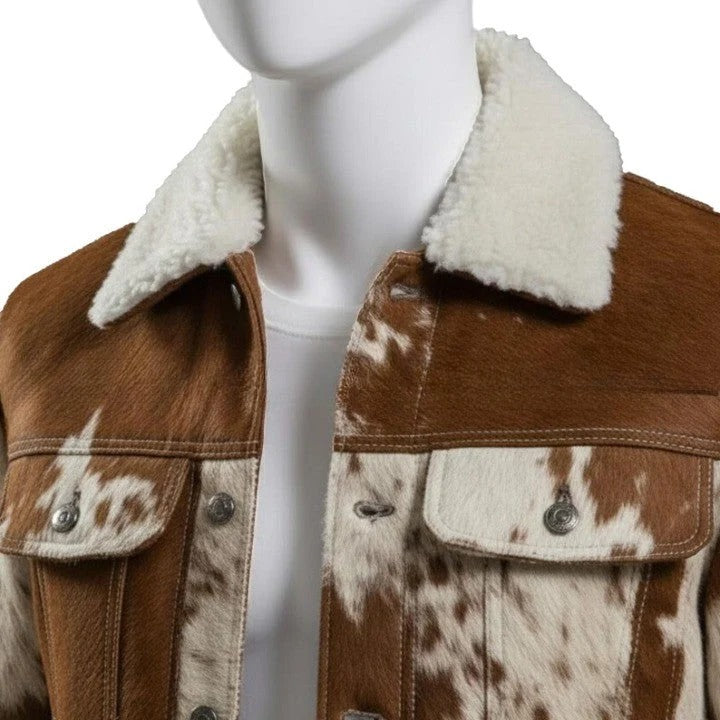 Mens Brown Cream Cowhide Style Leather Jacket Handmade Pathwork Western Jacket