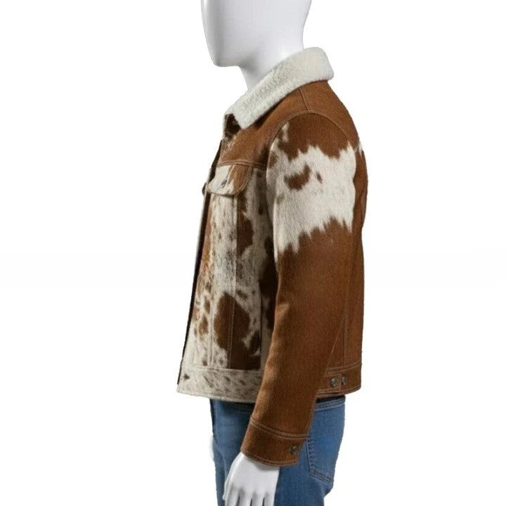 Mens Brown Cream Cowhide Style Leather Jacket Handmade Pathwork Western Jacket
