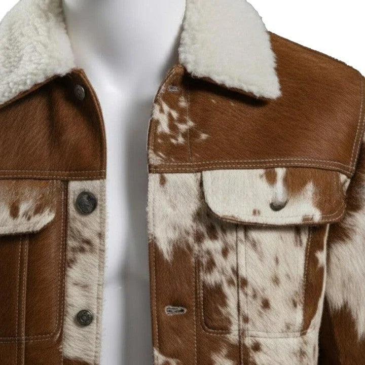 Mens Brown Cream Cowhide Style Leather Jacket Handmade Pathwork Western Jacket