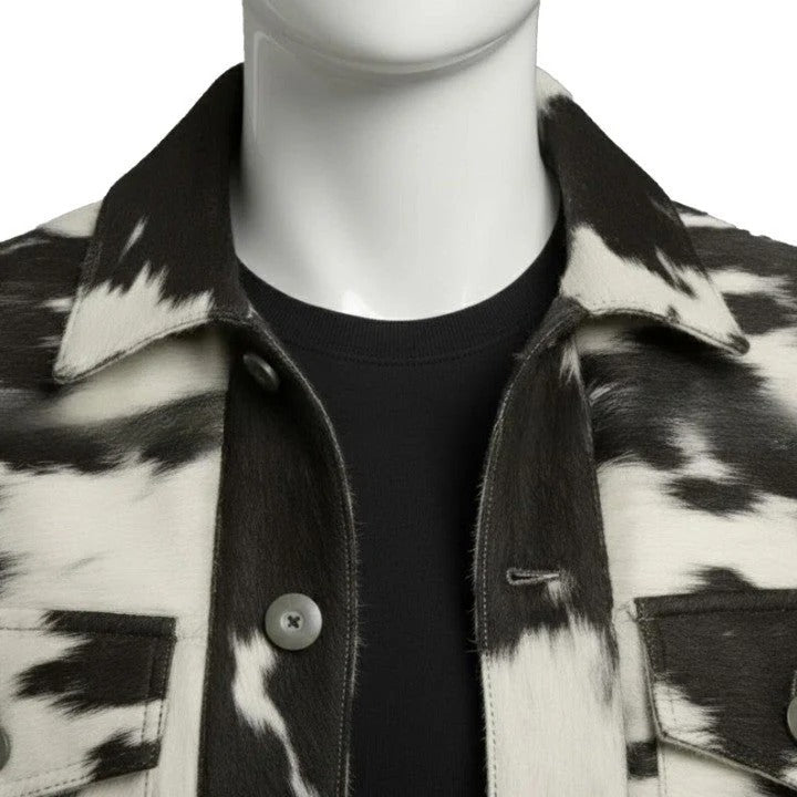 Mens Black and White Asymmetric Zip Leather Jacket with Wide Lapel Modern Statement Outerwear