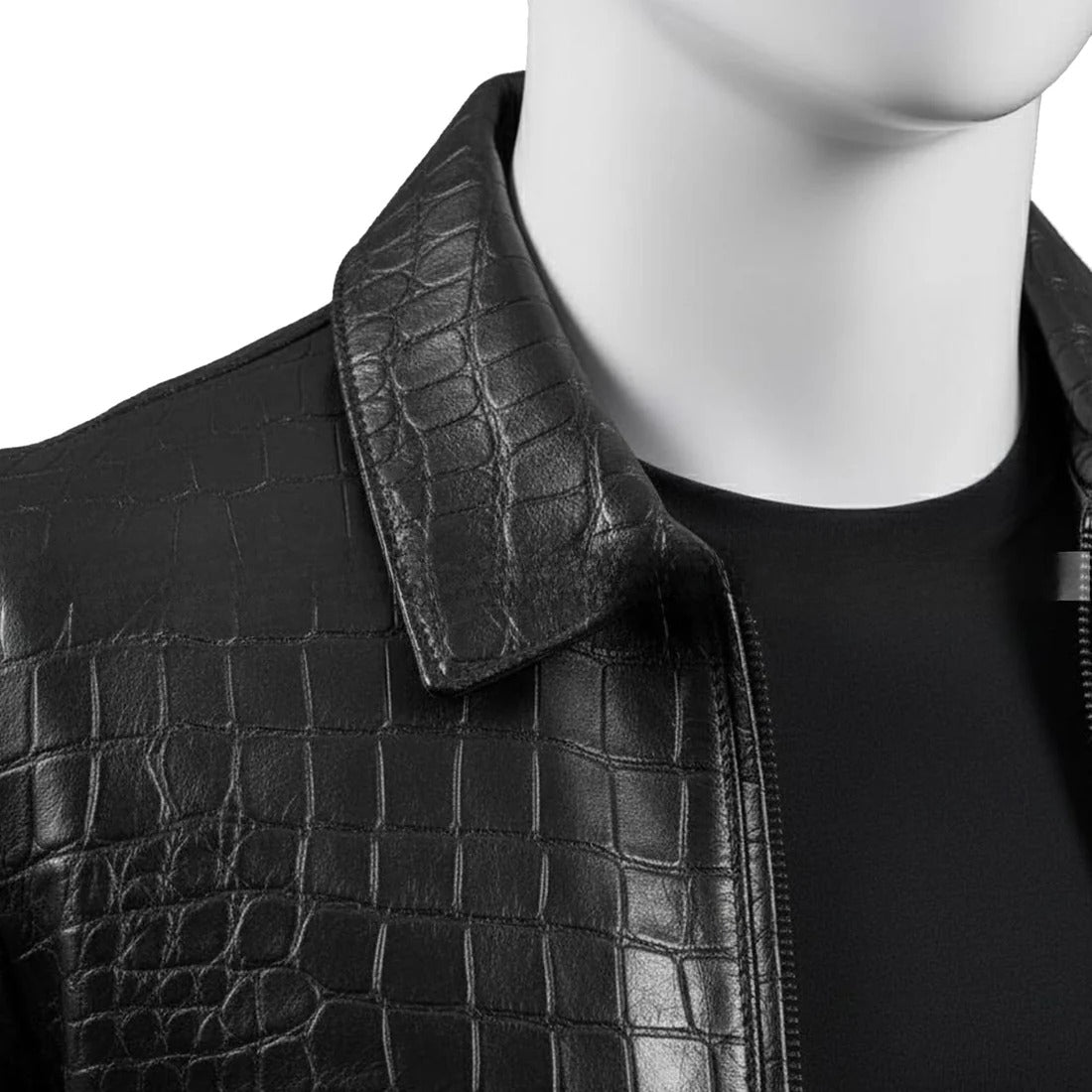 Mens Black Crocodile Embossed Genuine Leather Jacket Slim Fit