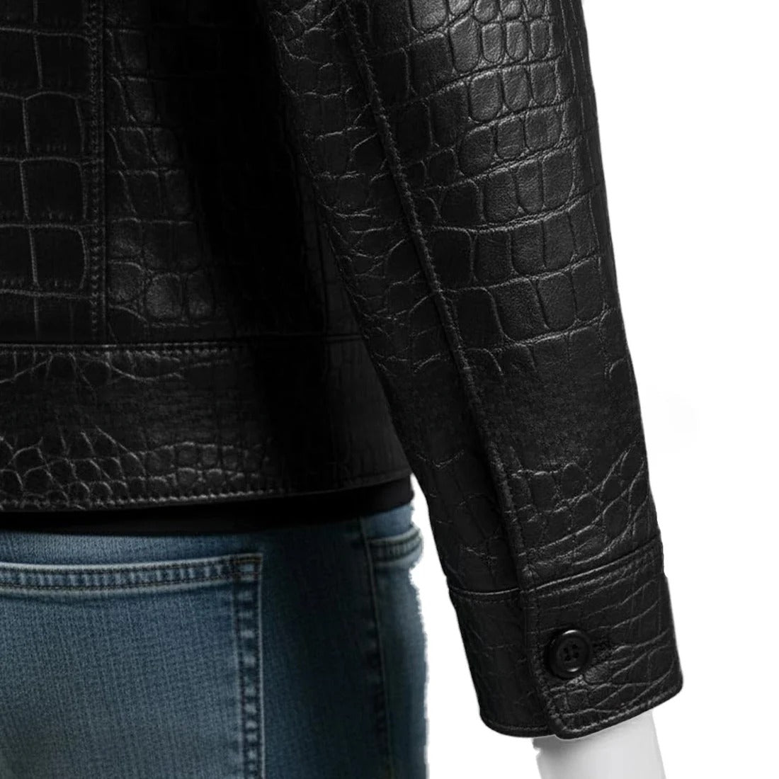 Mens Black Crocodile Embossed Genuine Leather Jacket Slim Fit