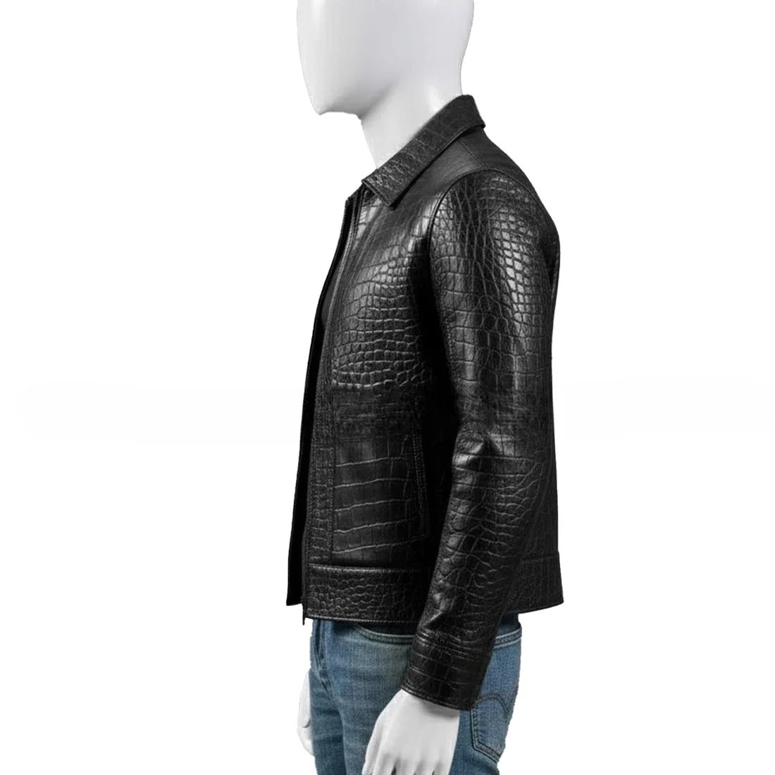Mens Black Crocodile Embossed Genuine Leather Jacket Slim Fit