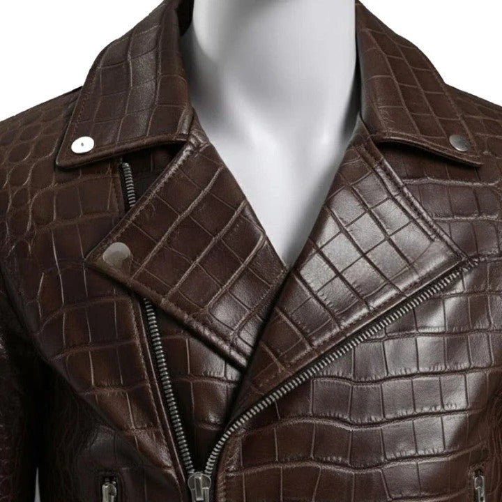 Embossed Brown Leather Moto Jacket Asymmetrical Zip Belted Waist