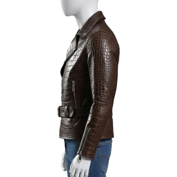 Embossed Brown Leather Moto Jacket Asymmetrical Zip Belted Waist