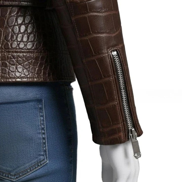 Embossed Brown Leather Moto Jacket Asymmetrical Zip Belted Waist