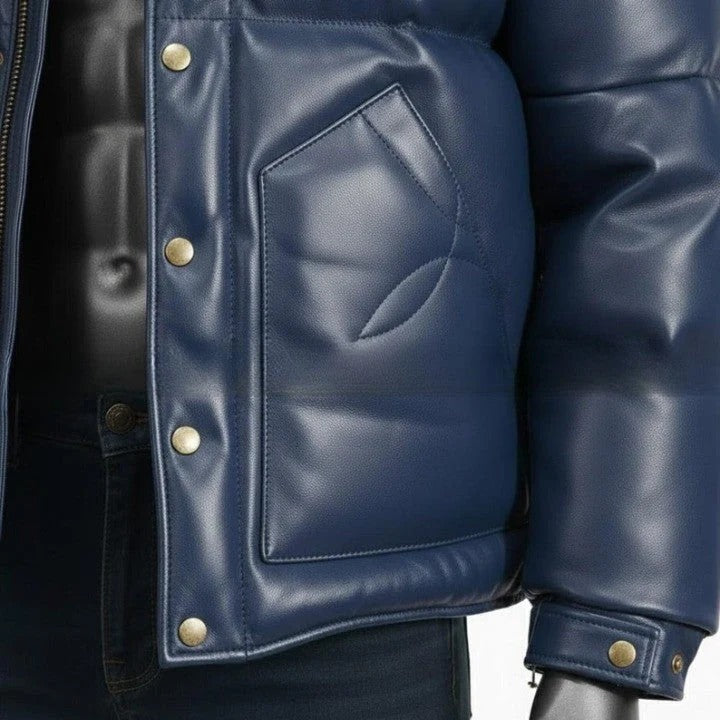 Blue Puffer Jacket with Yellow Shoulder Panels for Men Genuine Leather Puffer Coat